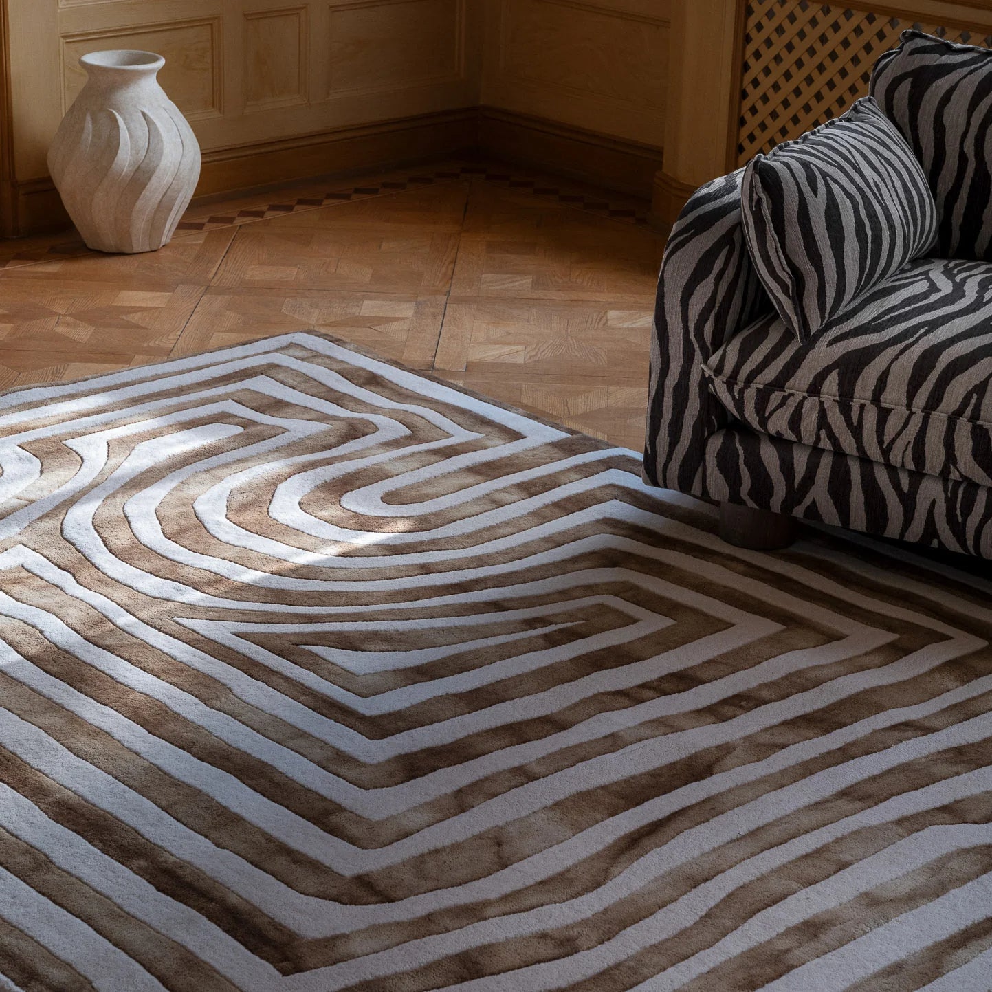 Dusty Deco Psychedelic Labyrinth rug beige