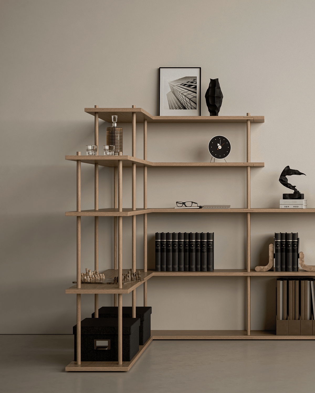 Fogia-Bond-Shelving-system-free-standing-corner-30cm-Lacqueredoaklifestyle03_1