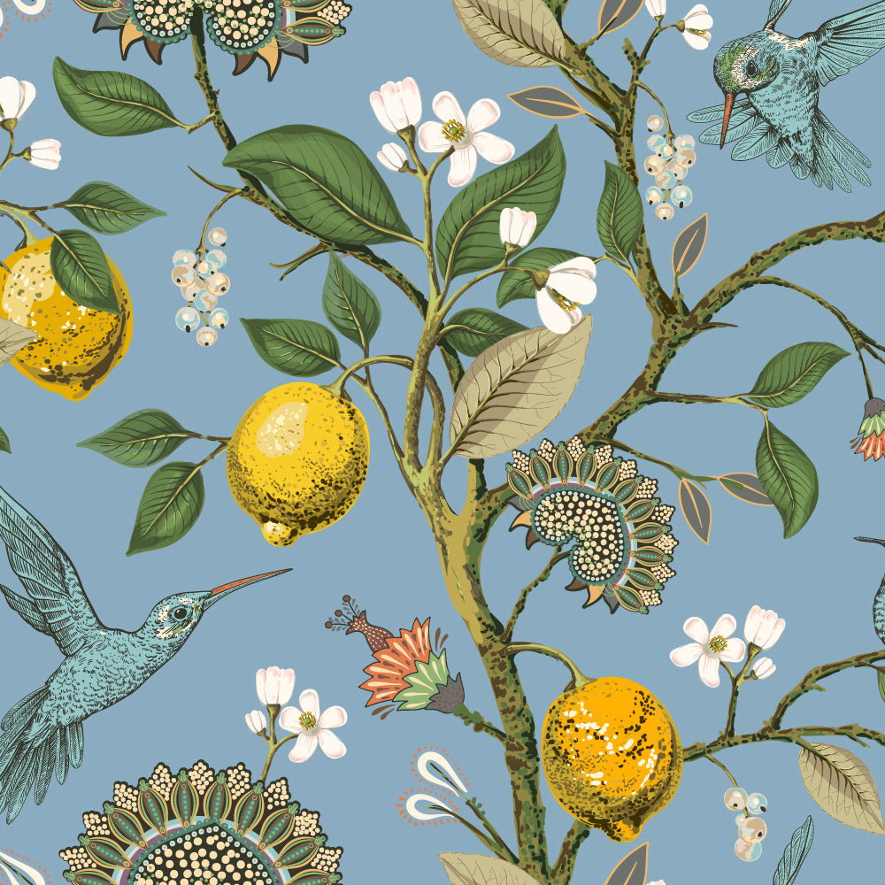 Ivy House behang Lemon Hummingbird Blue IHW0056