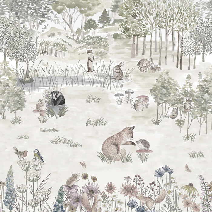 Little Greene behang Potters Woodland mural in de kleur Solstice