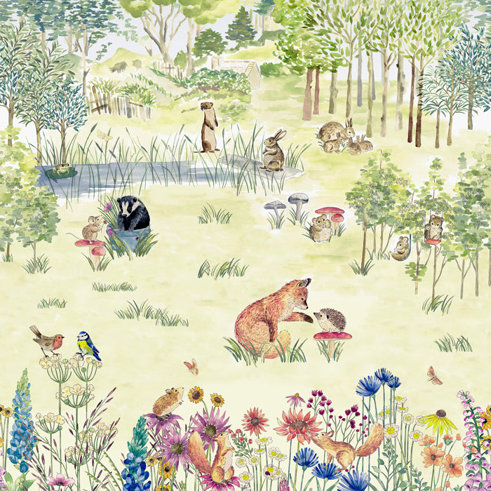 Little Greene behang Potters Woodland mural in de kleur Spring