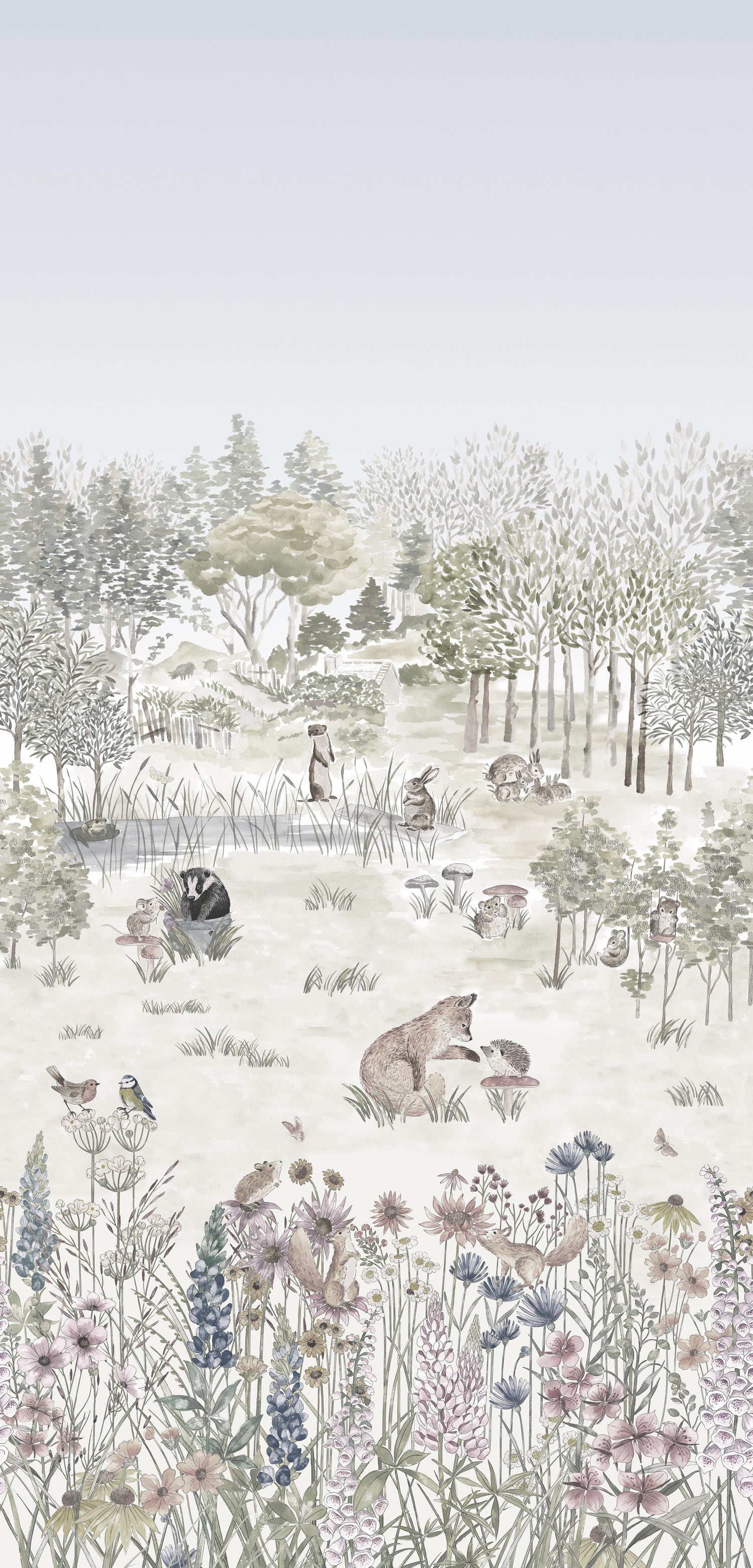 Little Greene behang Potters Woodland mural in de kleur Solstice uit de collectie Storybook Papers