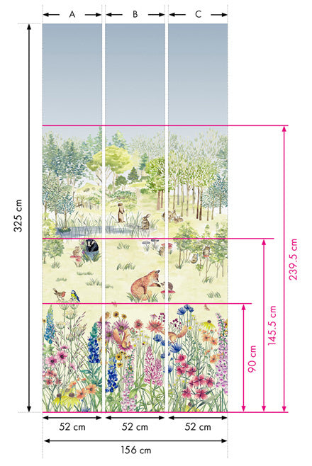 Little Greene behang Potters Woodland mural in de kleur Spring afmetingen