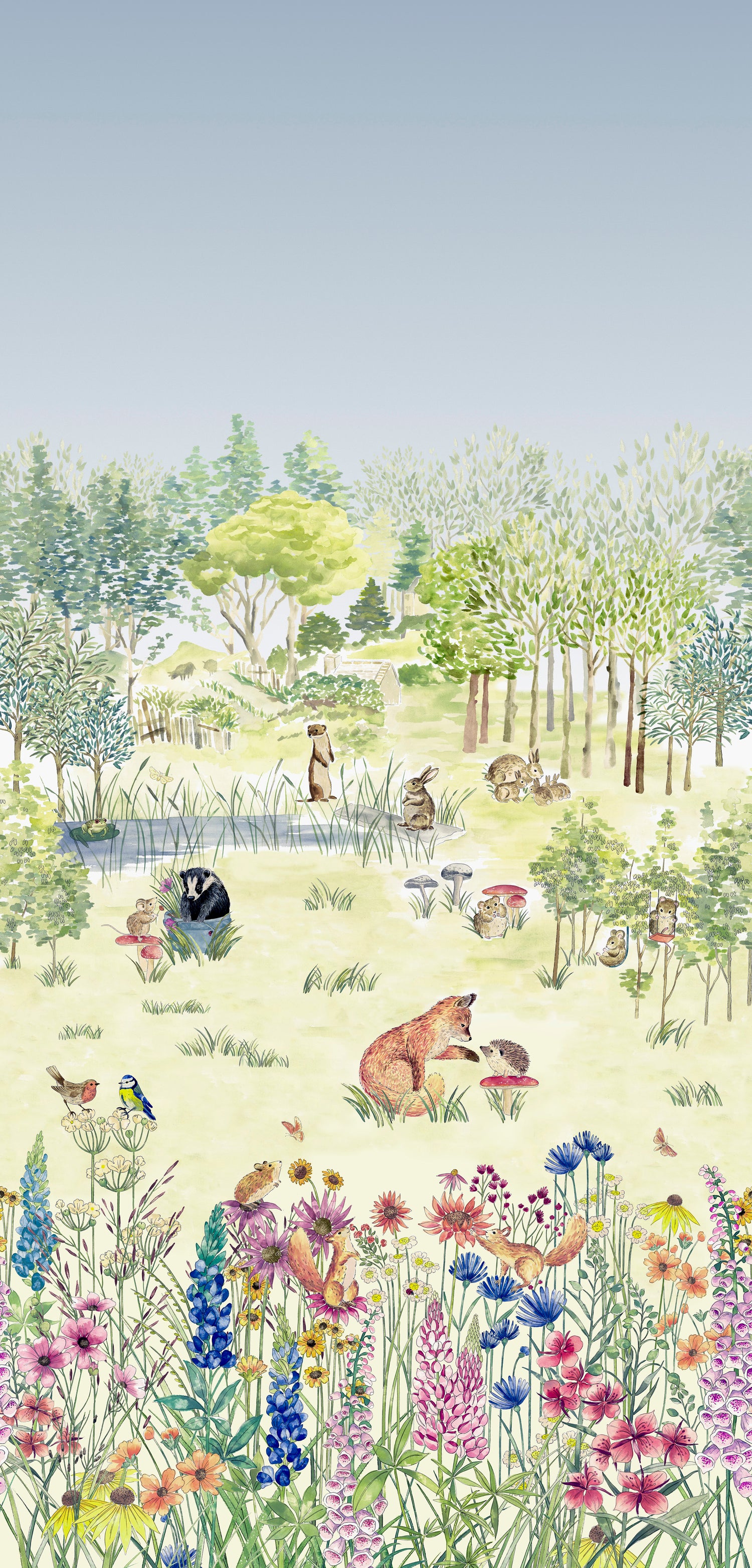 Little Greene behang Potters Woodland mural in de kleur Spring uit de Storybook Papers collectie