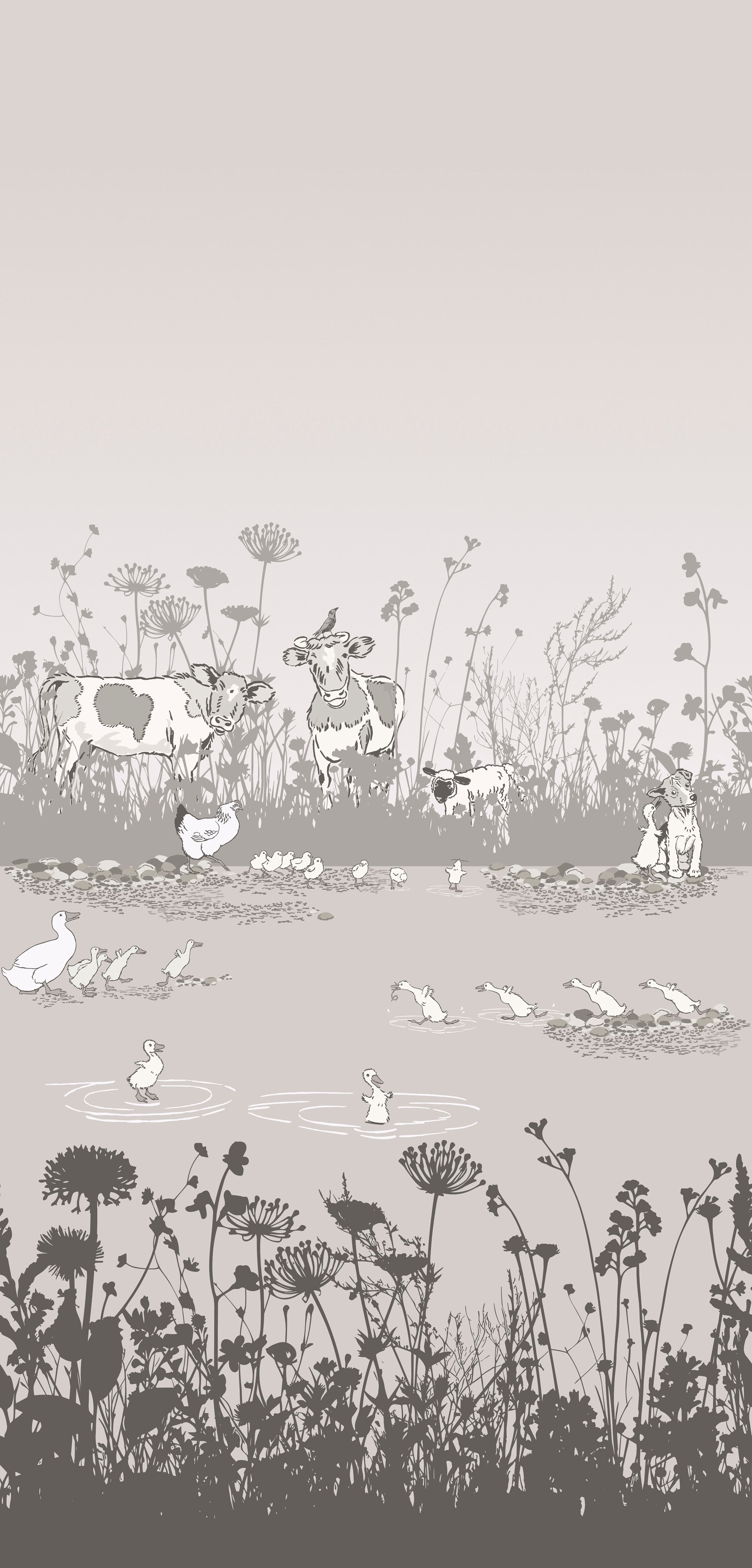 Little Greene behang Riverside Capers mural in de kleur Cluck uit de collectie Storybook Papers
