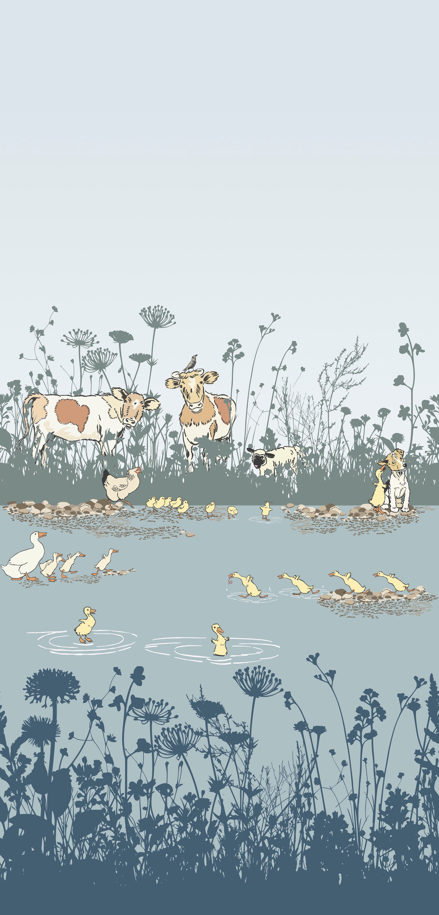 Little Greene Riverside Capers mural Moo uuit de collectie Storybook Papers