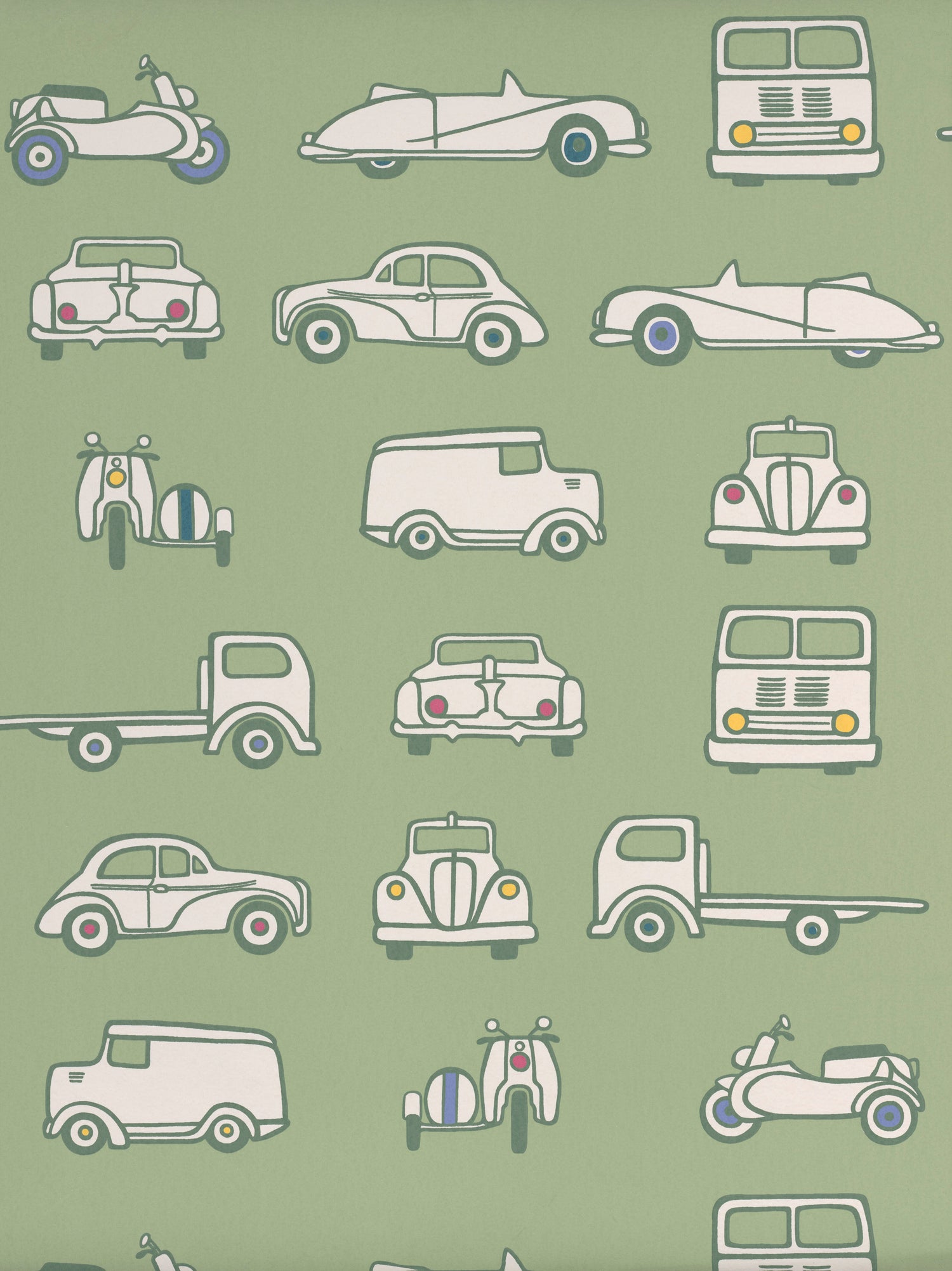 Little Greene behang Road Trip in de kleur Pea Green uit de Storybook Papers collectie