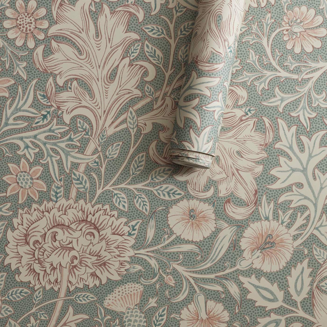 Morris and Co Double Boughs Light Teal behangrol detail takken bloemen