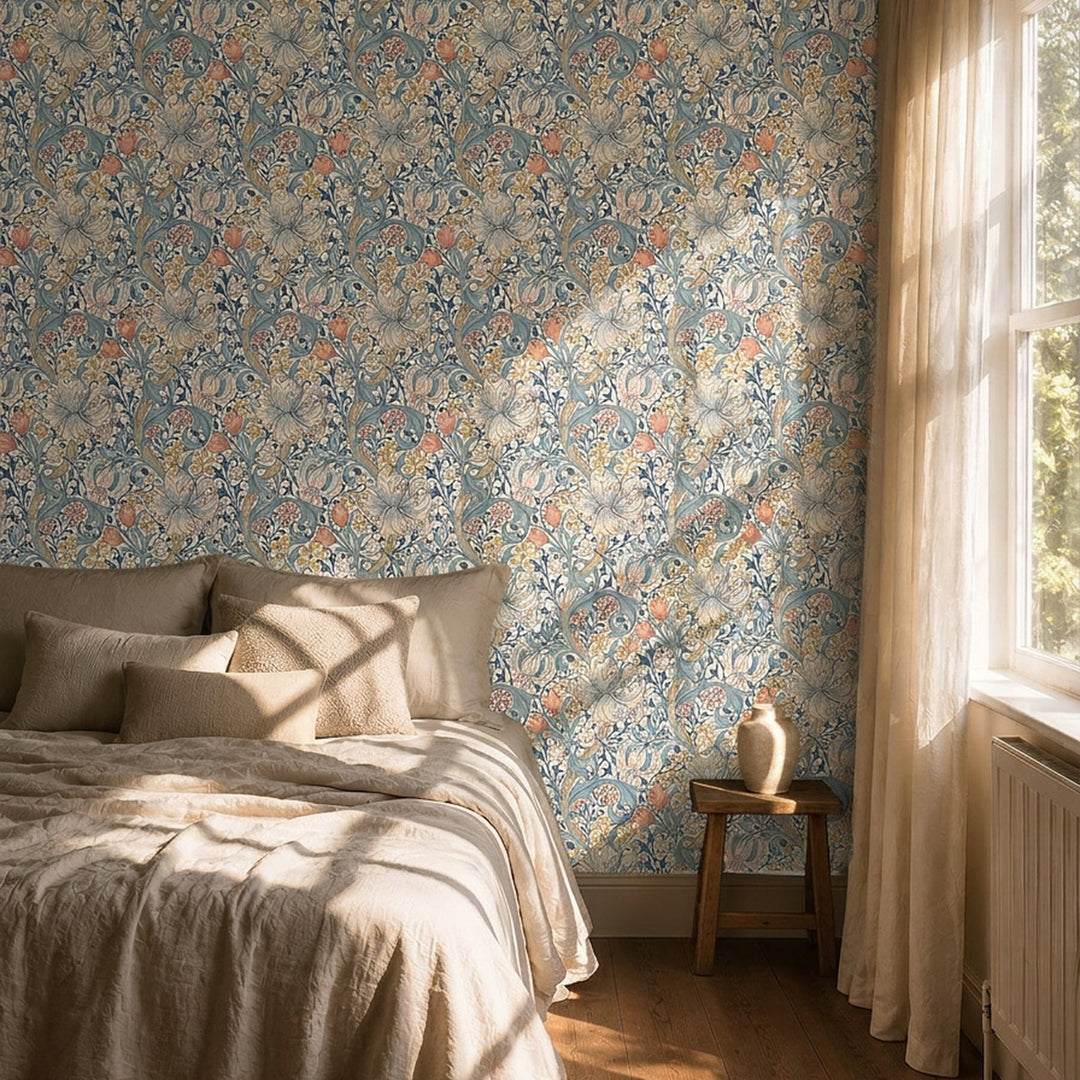 Morris and Co Golden Lily Blue sfeerbeeld interieur, blauw vliesbehang William Morris