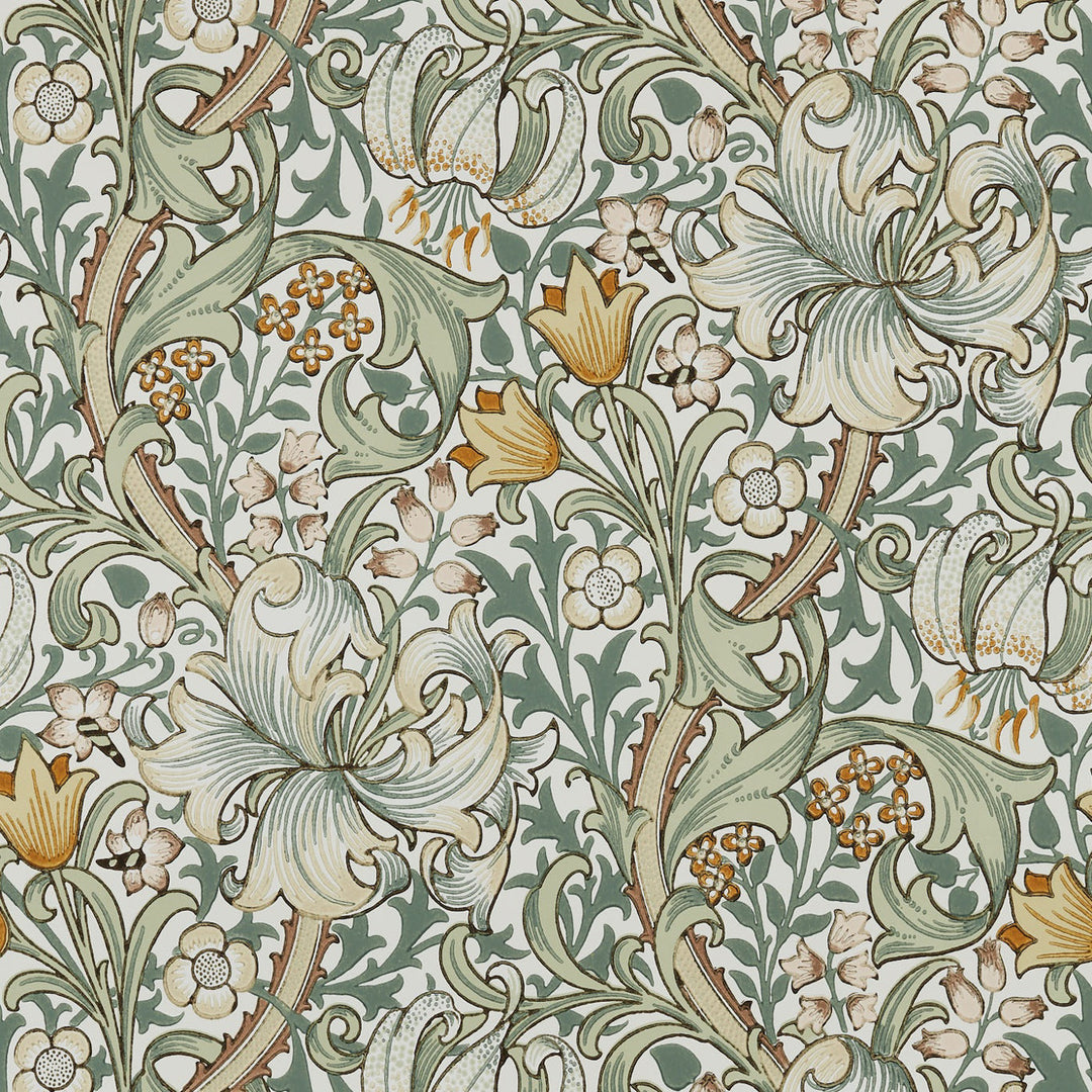 Morris and Co Golden Lily Sage behang MOW0168-02, patroon close-up Colours of Morris