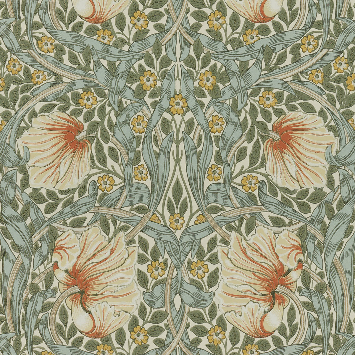 Morris and Co Pimpernel Bayleaf Chalk behang MOW0170-01, patroon close-up Colours of Morris