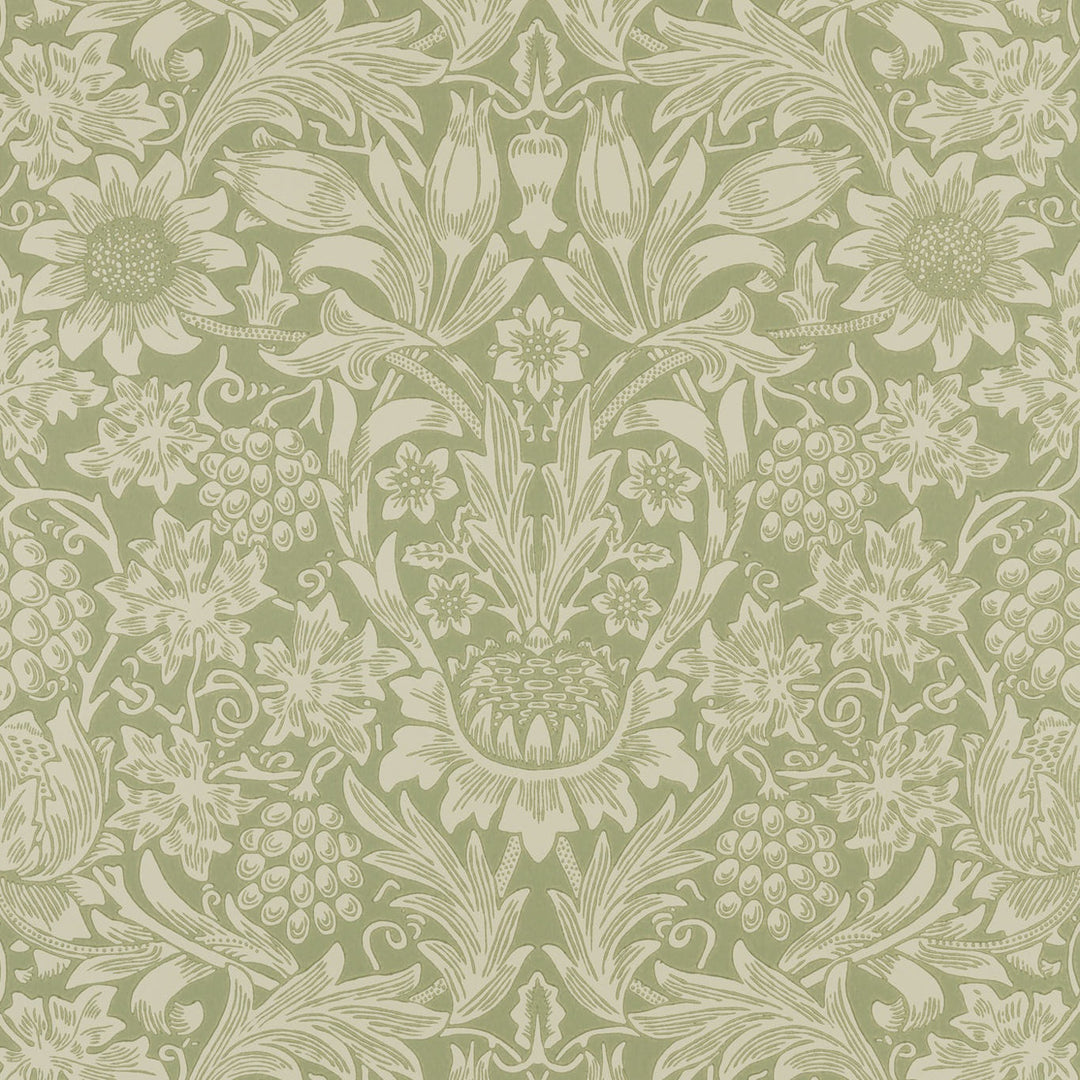Morris and Co Sunflower Artichoke behang MOW0172-01, patroon close-up Colours of Morris