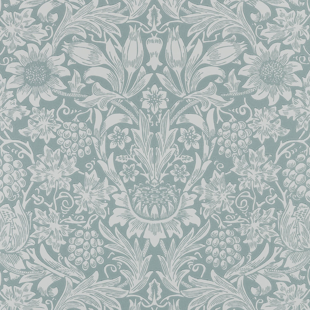 Morris and Co Sunflower Light Teal behang MOW0172-02, patroon close-up Colours of Morris