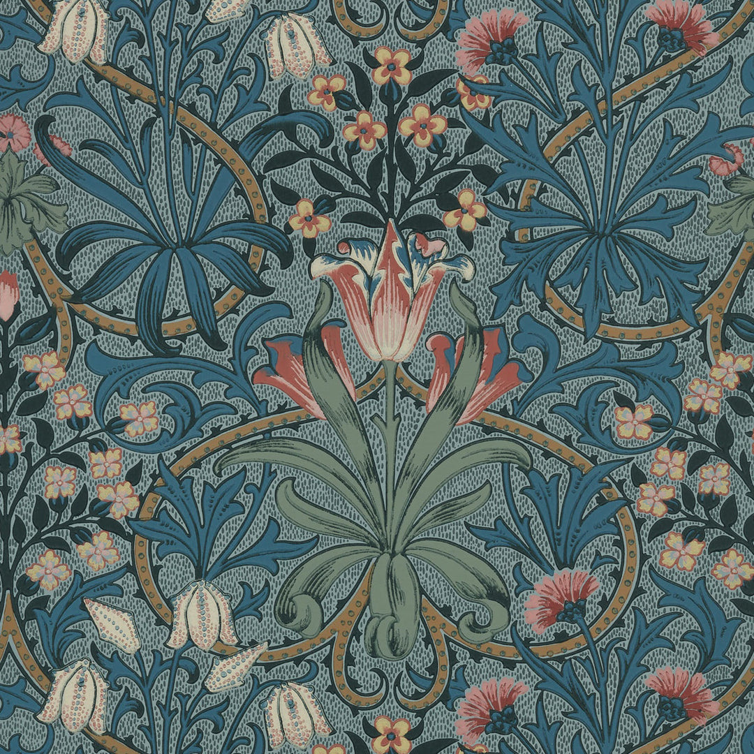 Morris and Co Woodland Weeds Rose Woad behang MOW0175-02, patroon close-up Colours of Morris