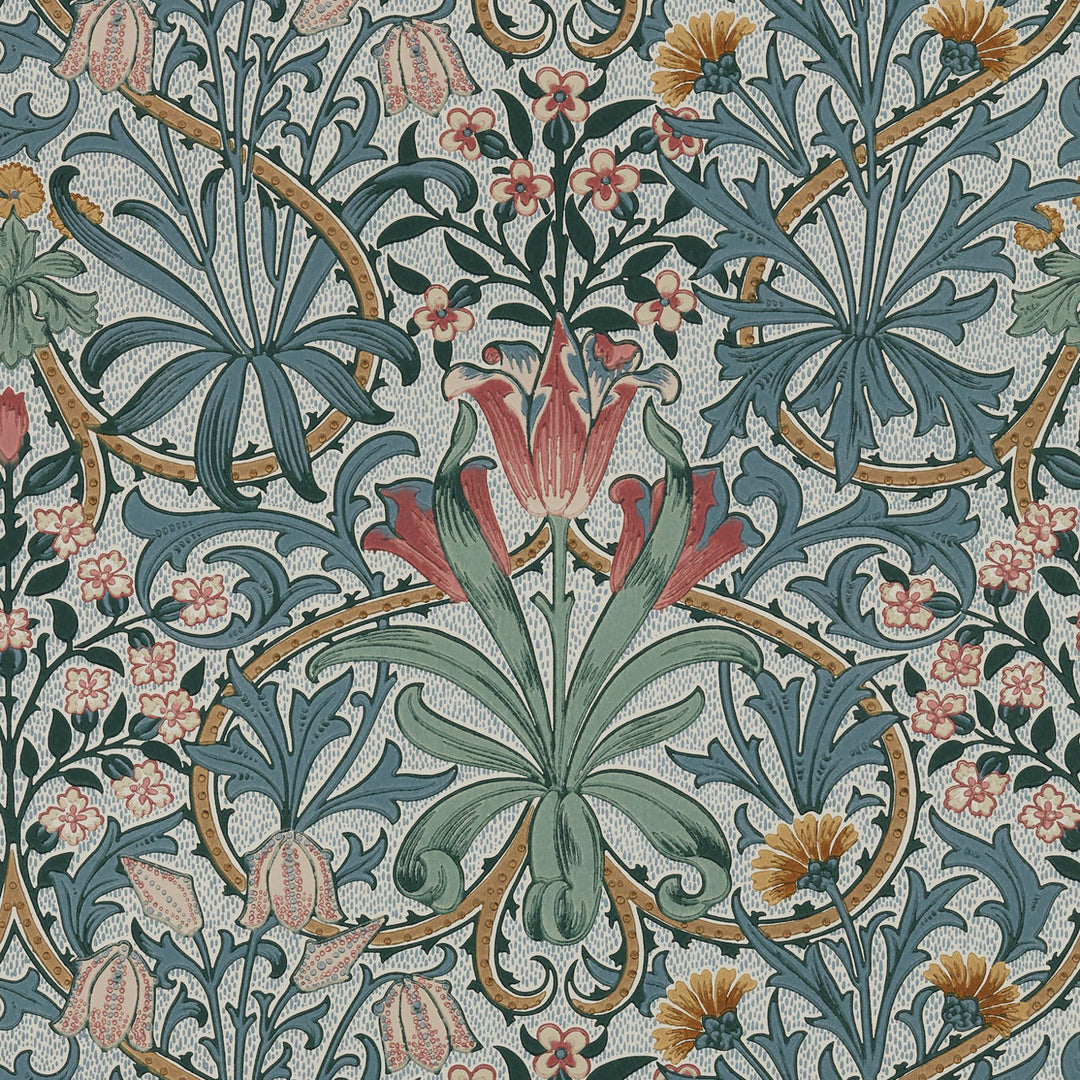 Morris and Co Woodland Weeds Rose Weld behang MOW0175-03, patroon close-up Colours of Morris