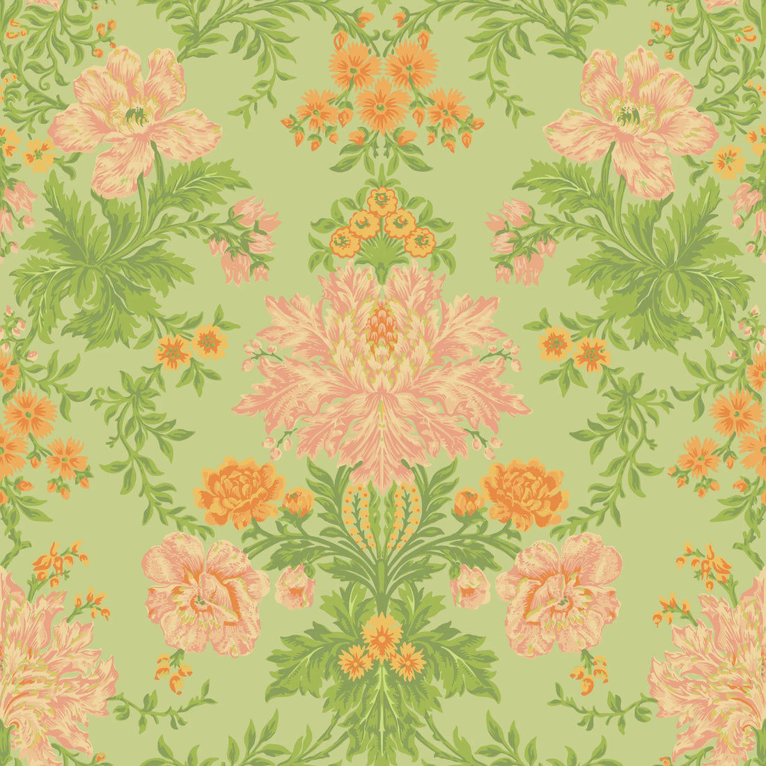 Cole and Son behang Poppies Peach, Marigold and Grass on Soft Green 128/7036