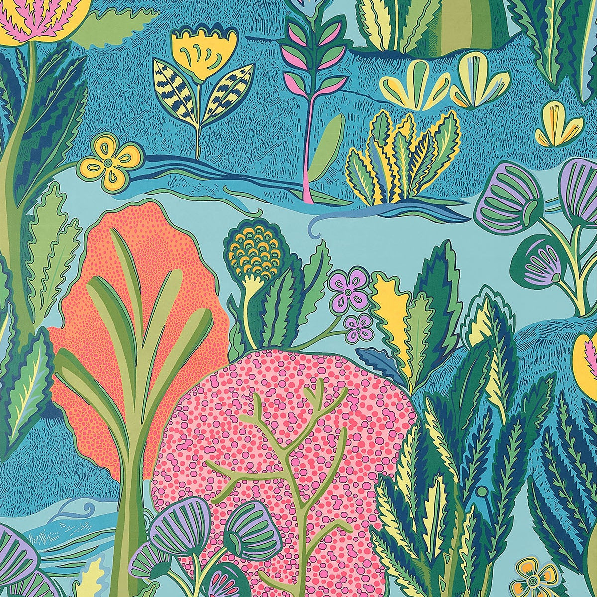 Thibaut behang Albero T45012 in de kleur Tangerine en Turquoise