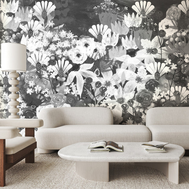 Les Dominotiers behang Jardin Fleuri Noir & Blanc - DOM3016
