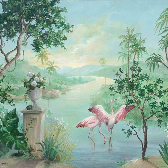 Coordonné behang Paisaje con Flamencos Exotismo 8000014