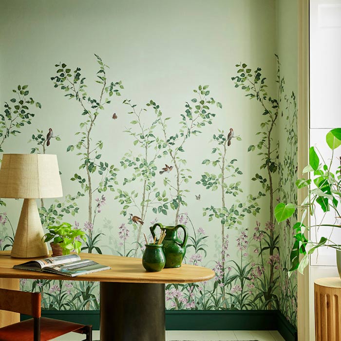 Little Greene Behang Bird & Bluebell Pea Green