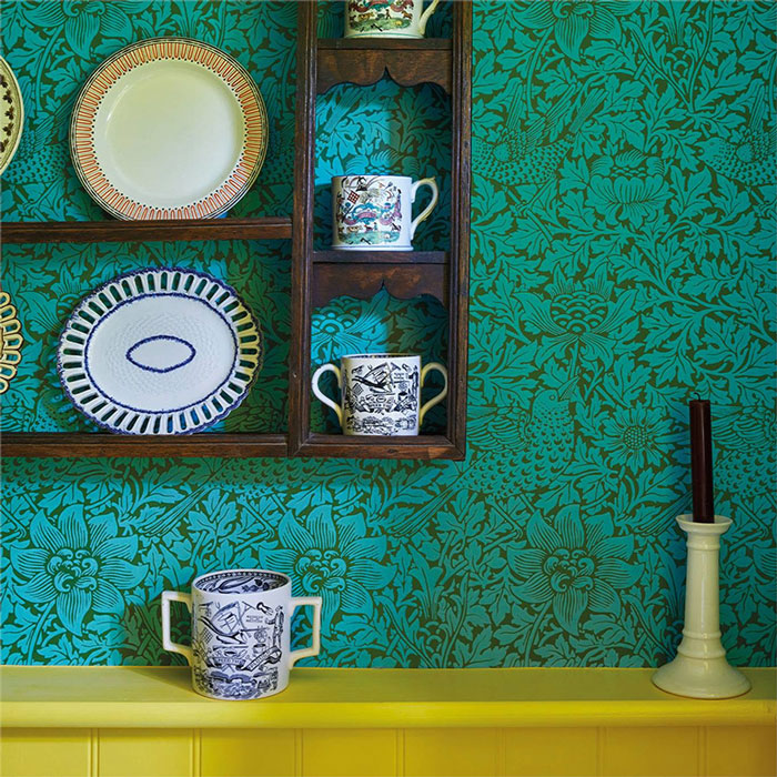 Morris and Co behang Bird & Anemone Olive Turquise 216958