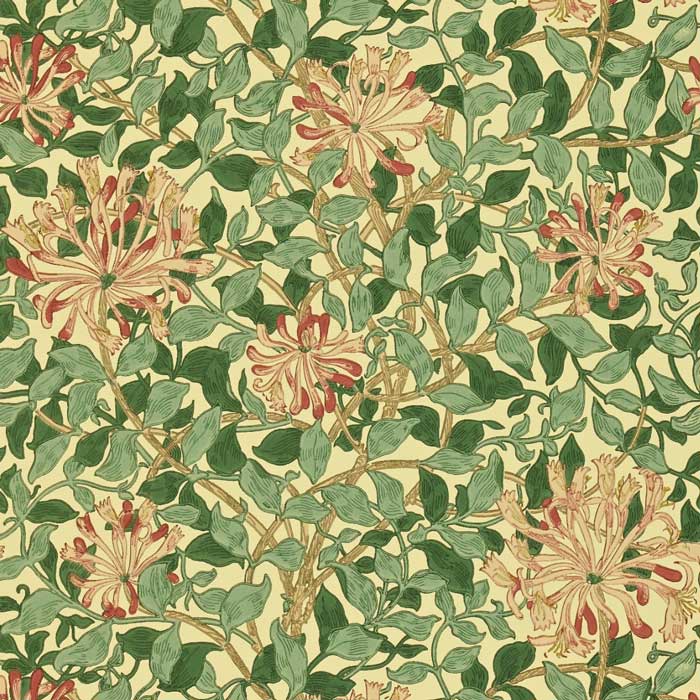 Morris and Co behang Honeysuckle Green/Coral Pink 210436