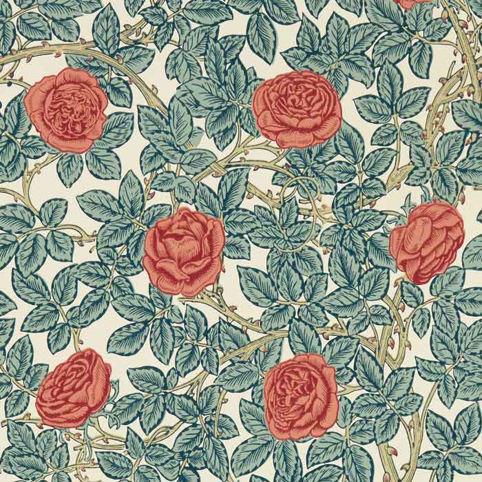 Morris and Co behang Rambling Rose Emery Blue/ Madder 217206