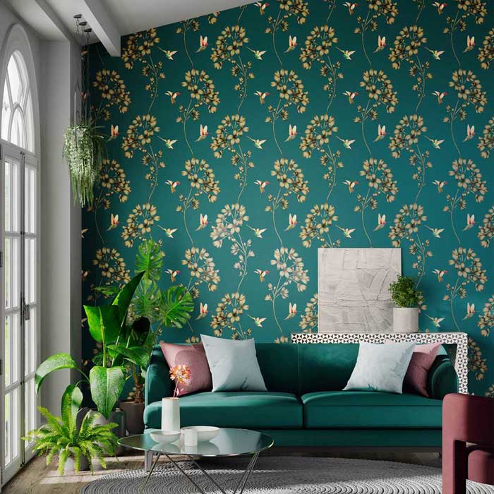 Harlequin behang Amazilia Teal/Gold 112604