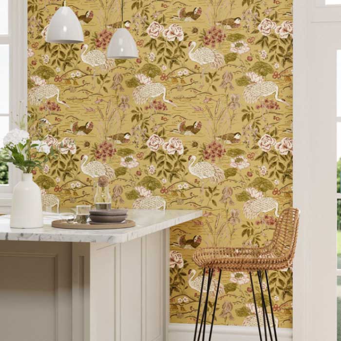 Sanderson Crane & Frog ink Honey/Olive 217124