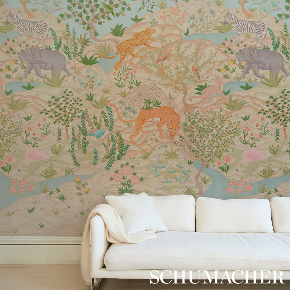 Schumacher Finches Jungle Parchment detail flora