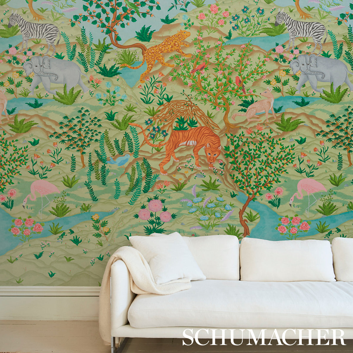 Schumacher Finches Jungle Verdant detail flora