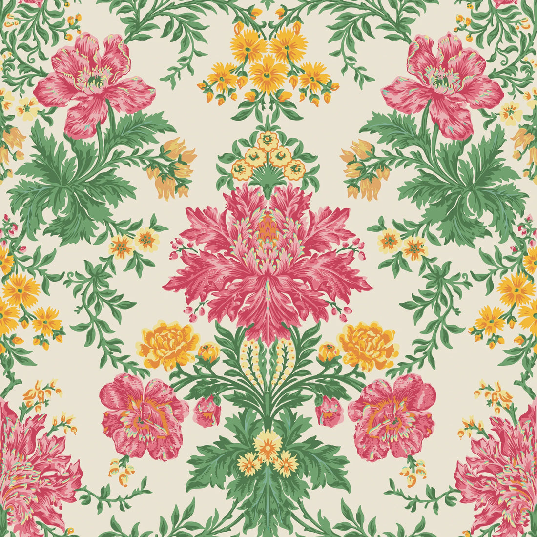 Cole and Son behang Poppies Soft Fuchsia, Buttercup and Fern on Cream 128/7033