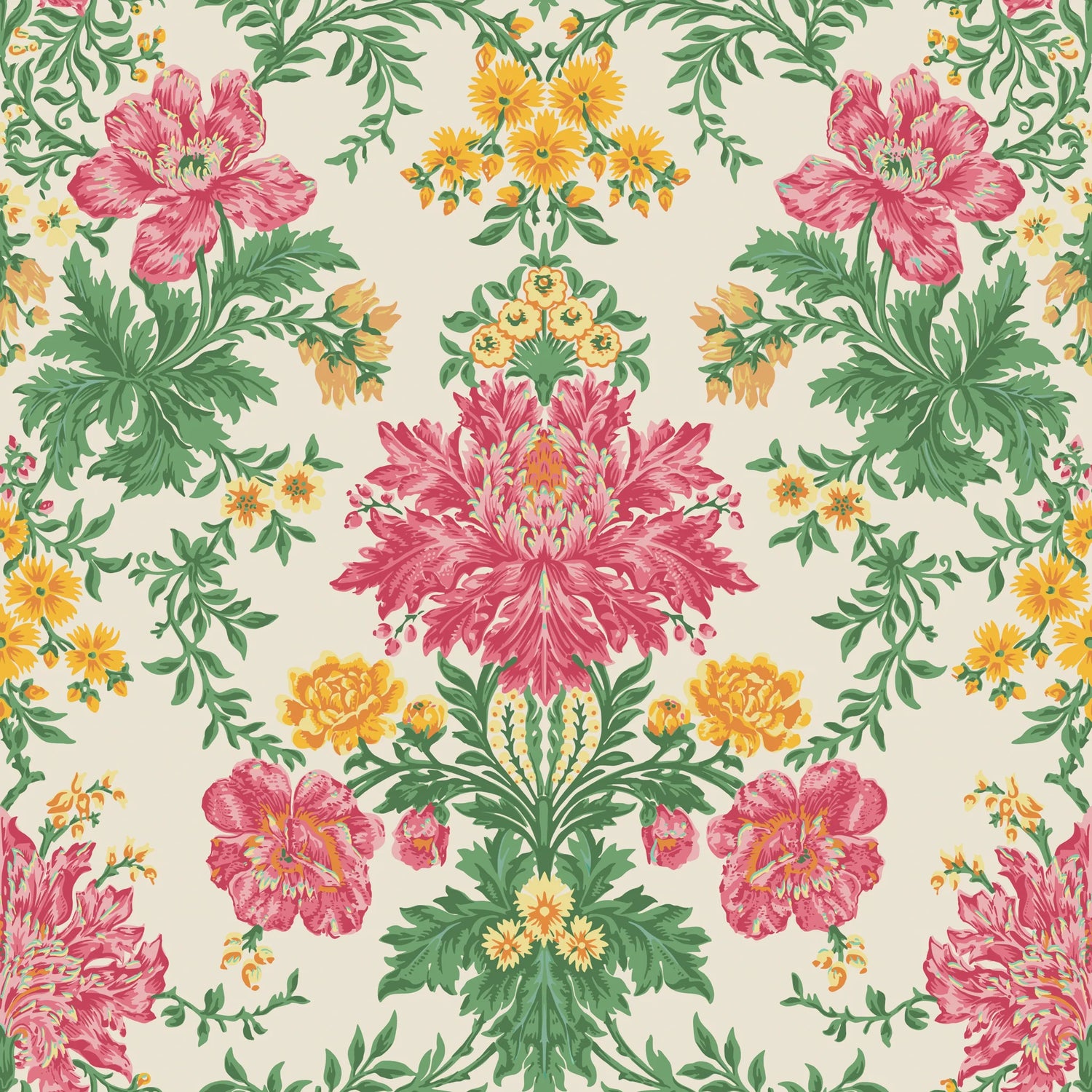 Cole and Son behang Poppies Soft Fuchsia, Buttercup and Fern on Cream 128/7033