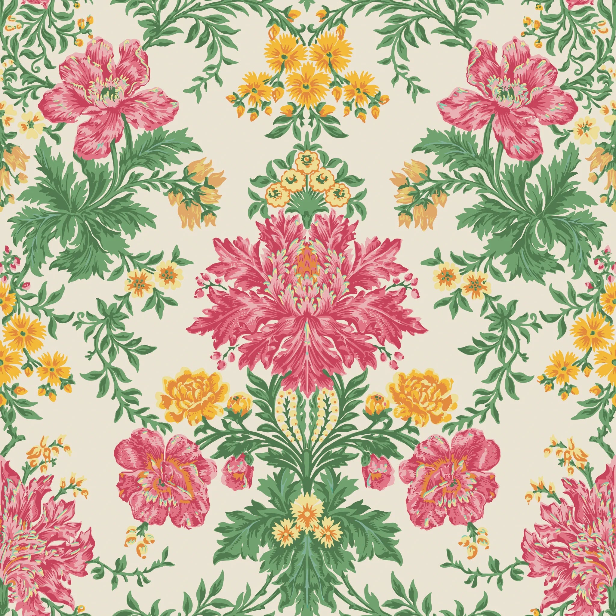 Cole and Son behang Poppies Soft Fuchsia, Buttercup and Fern on Cream 128/7033