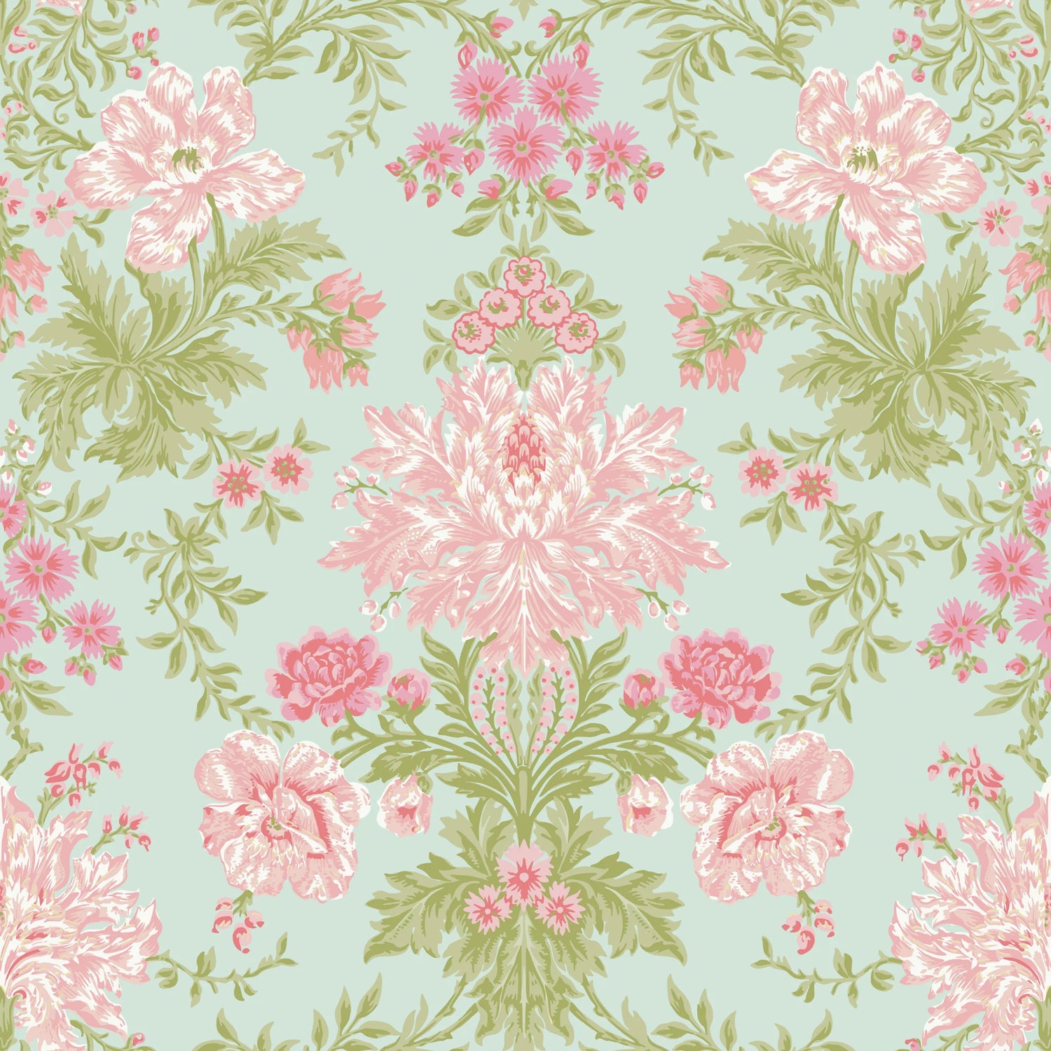 Cole and Son behang Poppies Soft Pink, Blush and Soft Green on Mint 128/7034