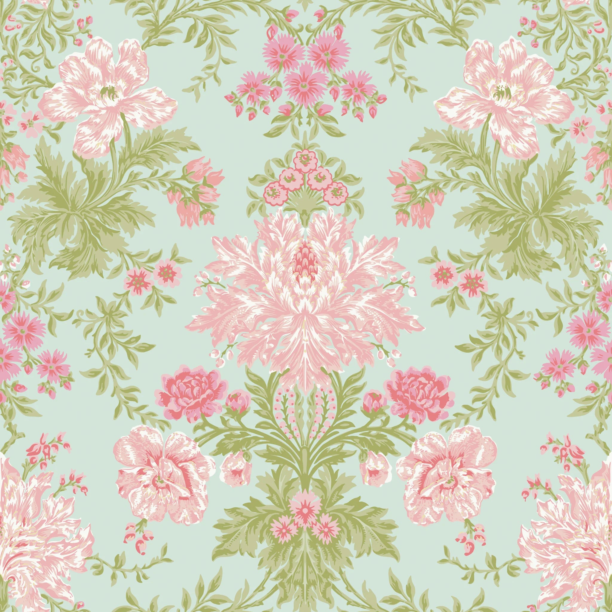Cole and Son behang Poppies Soft Pink, Blush and Soft Green on Mint 128/7034