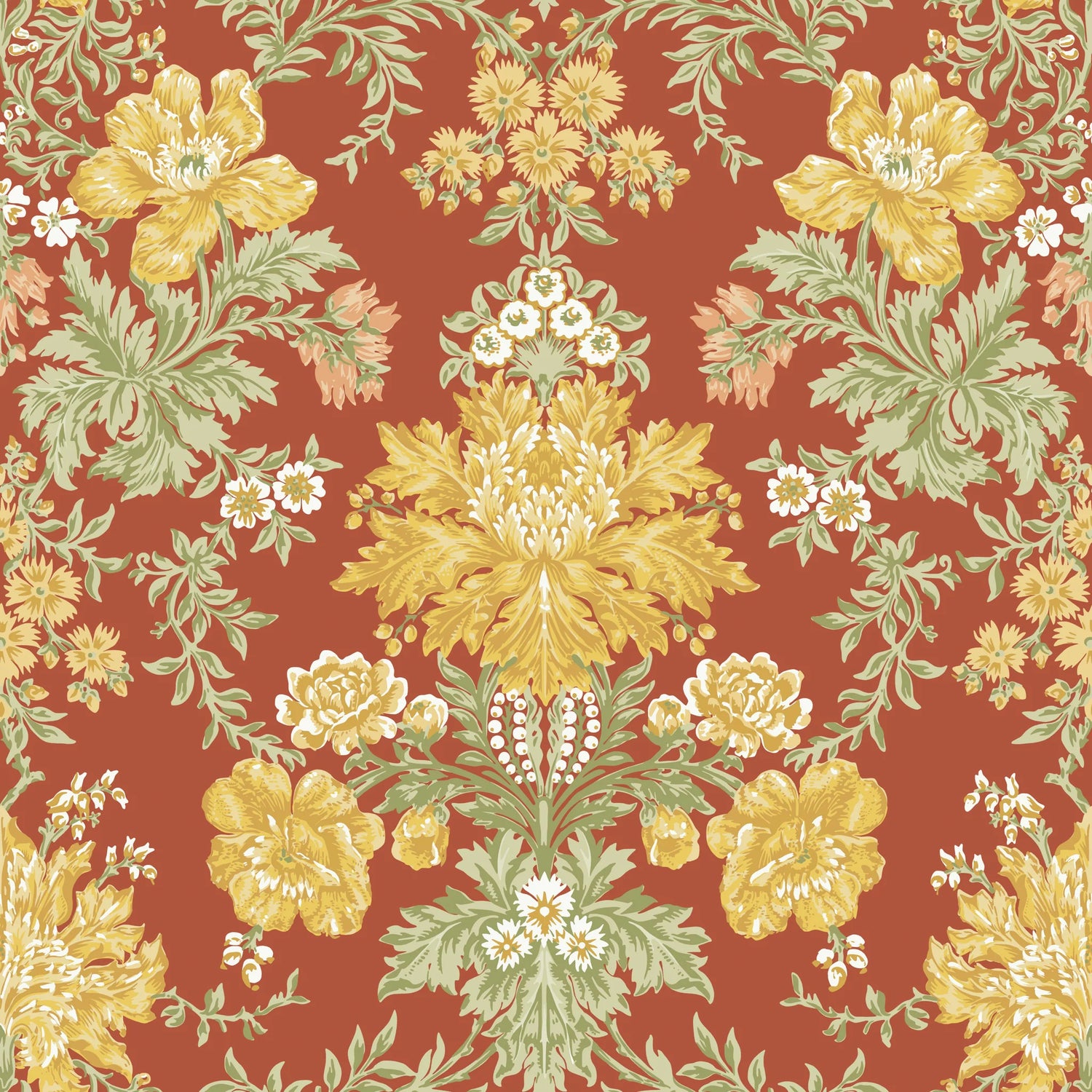 Cole and Son behang Poppies Soft Yellow, Cream and Spring Green on Terracotta 128/7037