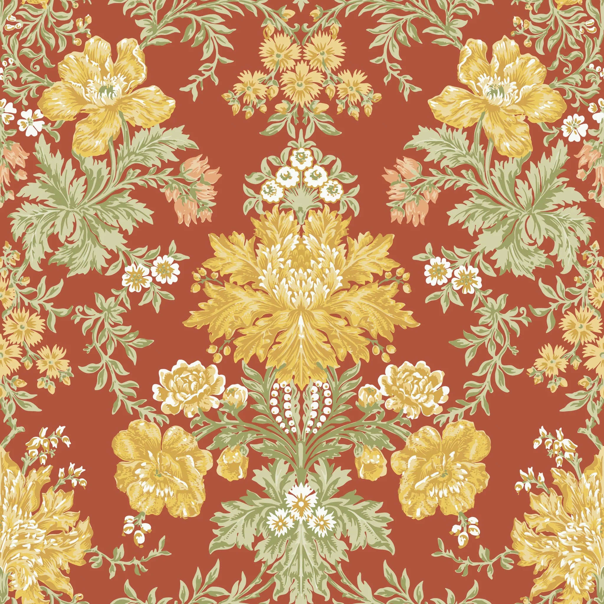 Cole and Son behang Poppies Soft Yellow, Cream and Spring Green on Terracotta 128/7037