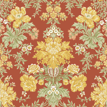 Cole and Son behang Poppies Soft Yellow, Cream and Spring Green on Terracotta 128/7037