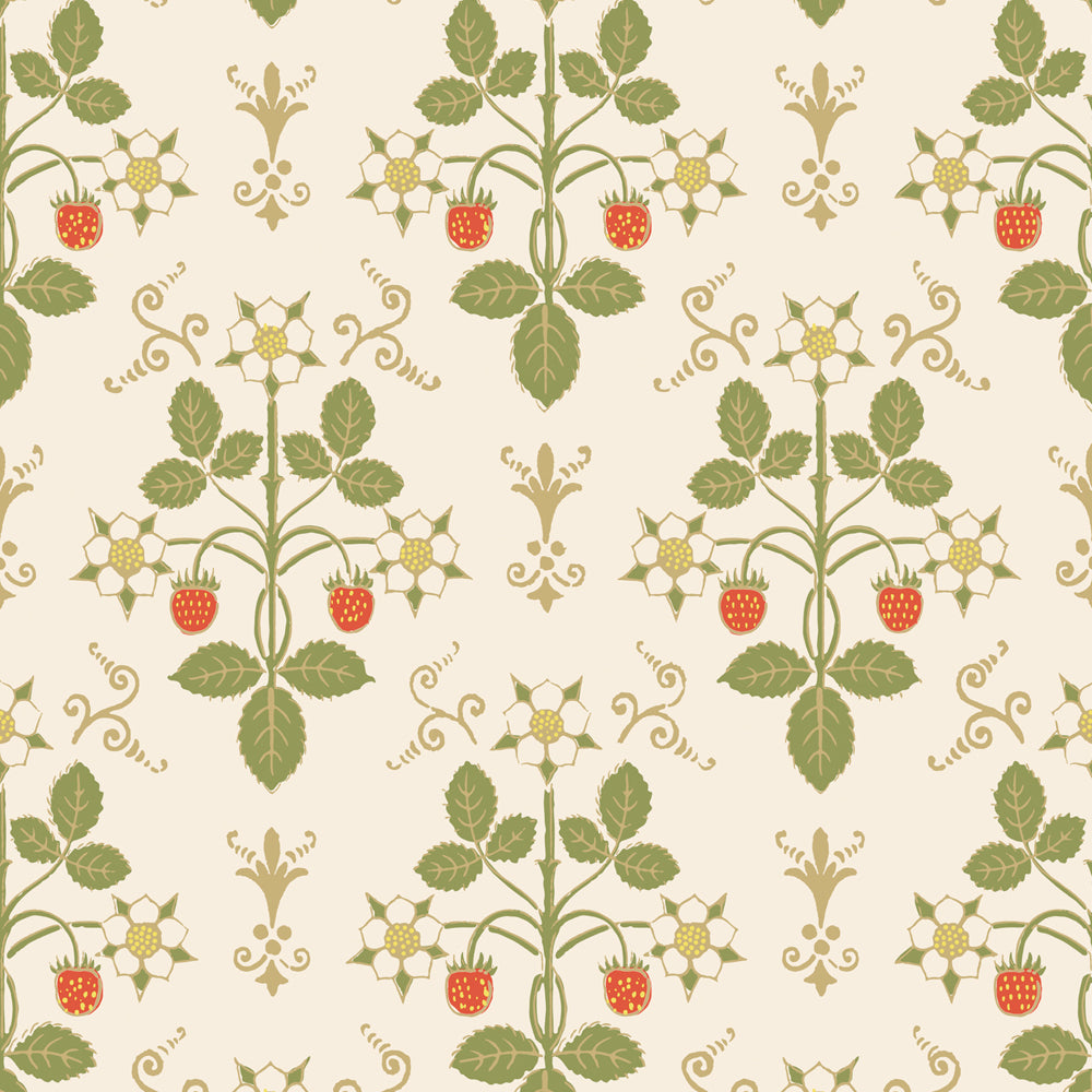 Cole &amp; Son behang Strawberry in de kleur Poppy, Spring Green &amp; Metallic Gold on Stone 127/2008 Classics Collection Vol.1 
