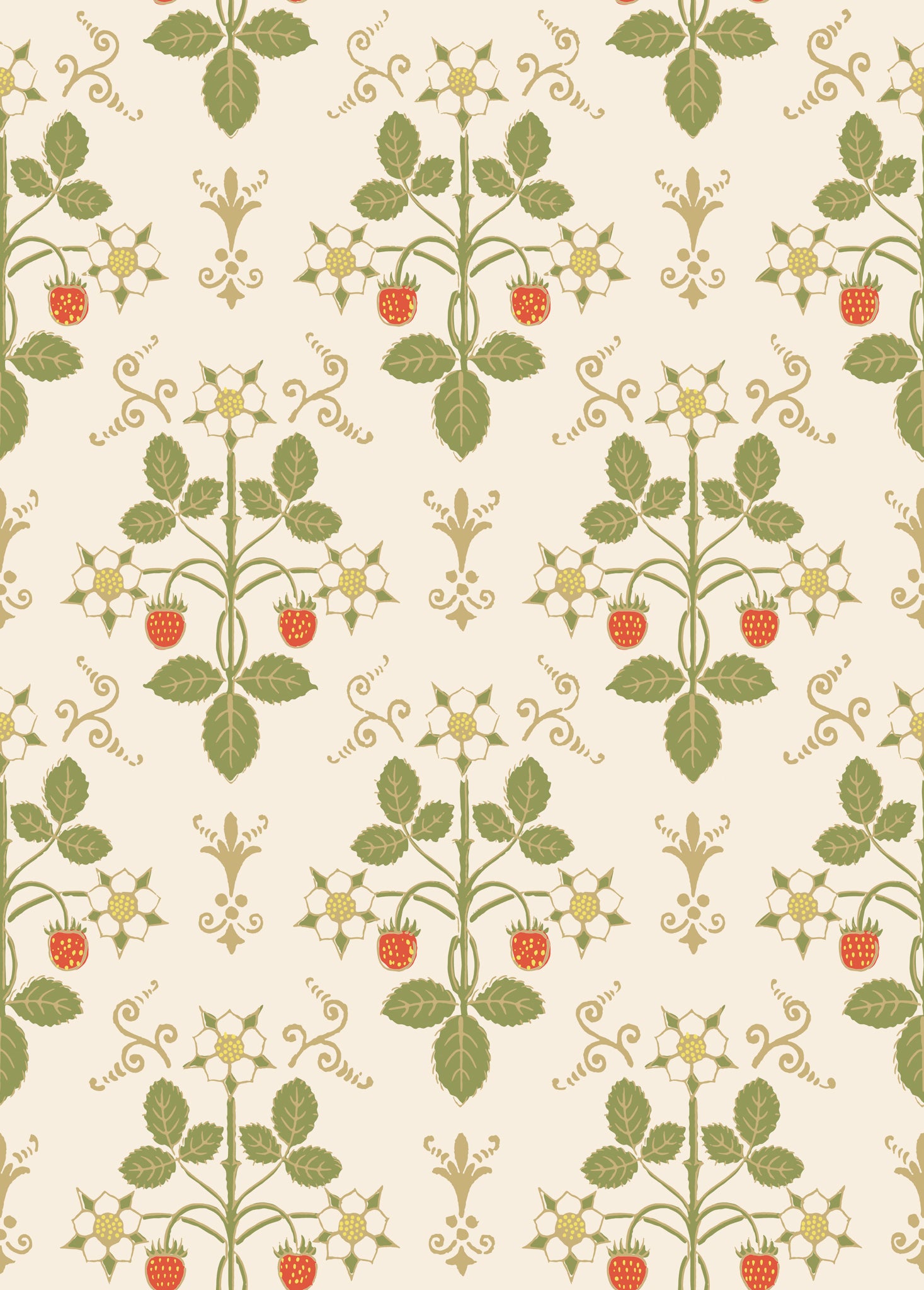 Cole &amp; Son Strawberry behang Poppy, Spring Green &amp; Metallic Gold on Stone 127/2008