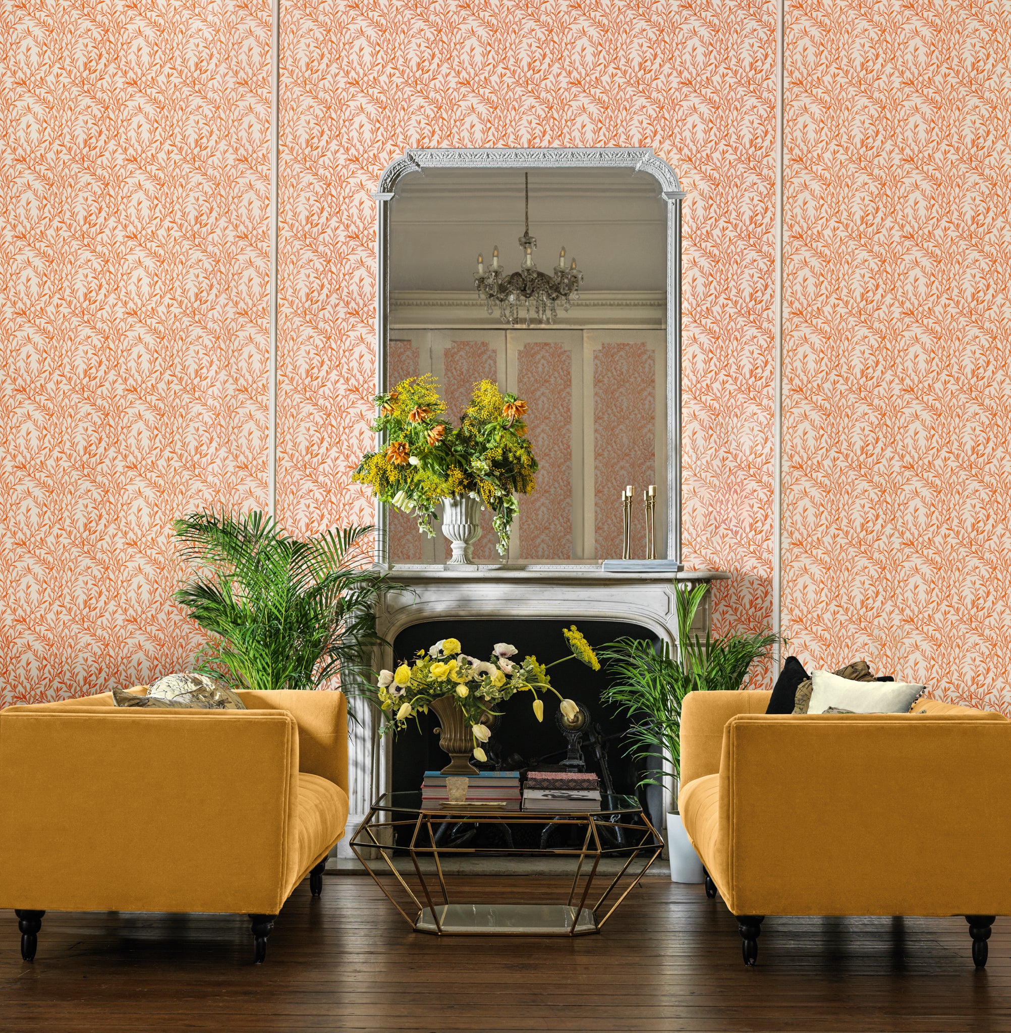 Cole and Son behang Willow Branch Tangerine on Cream 127/7034 sfeerafbeelding 