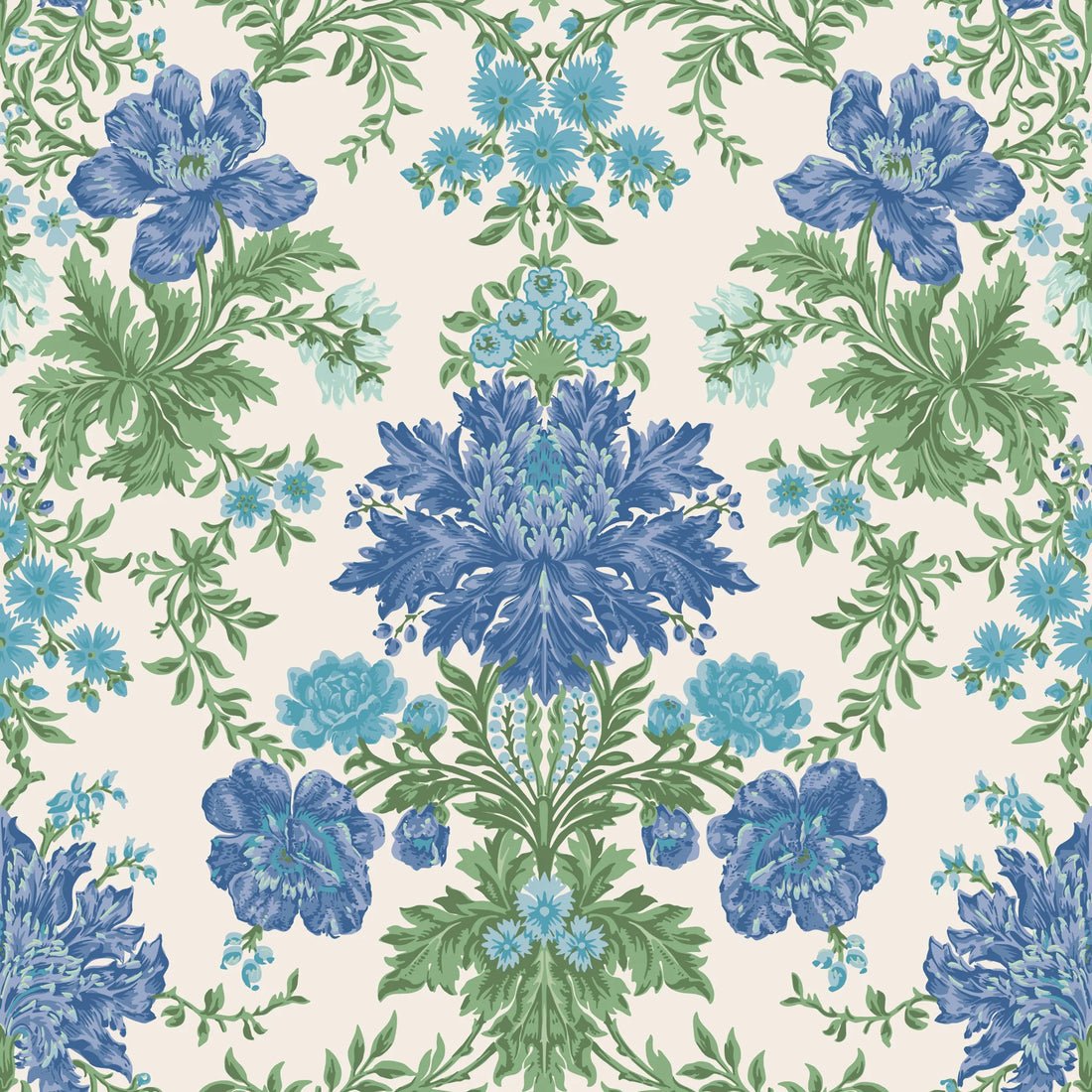 Cole and Son behang Poppies Sapphire, Cerulean and Moss on Stone 128/7035
