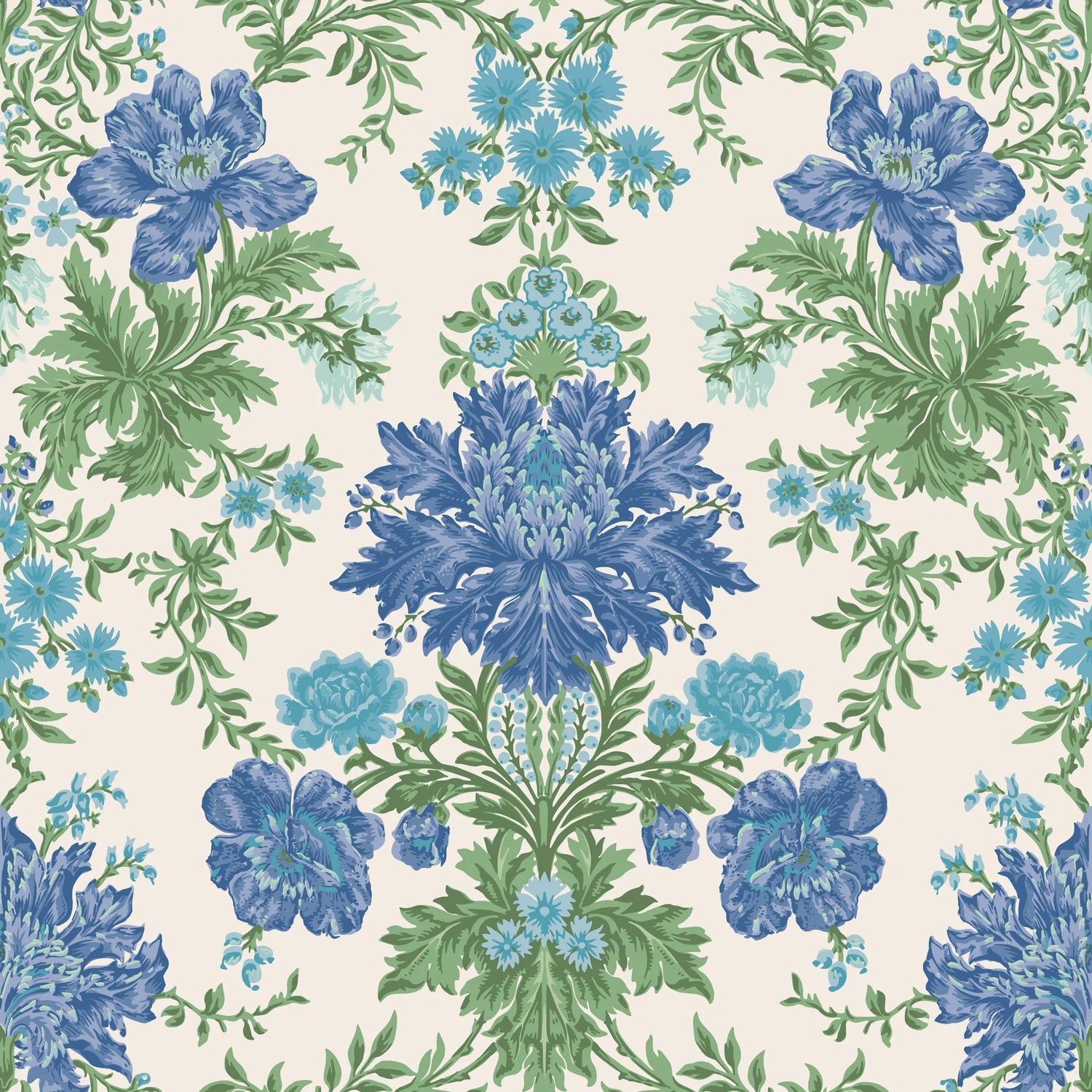 Cole and Son behang Poppies Sapphire, Cerulean and Moss on Stone 128/7035