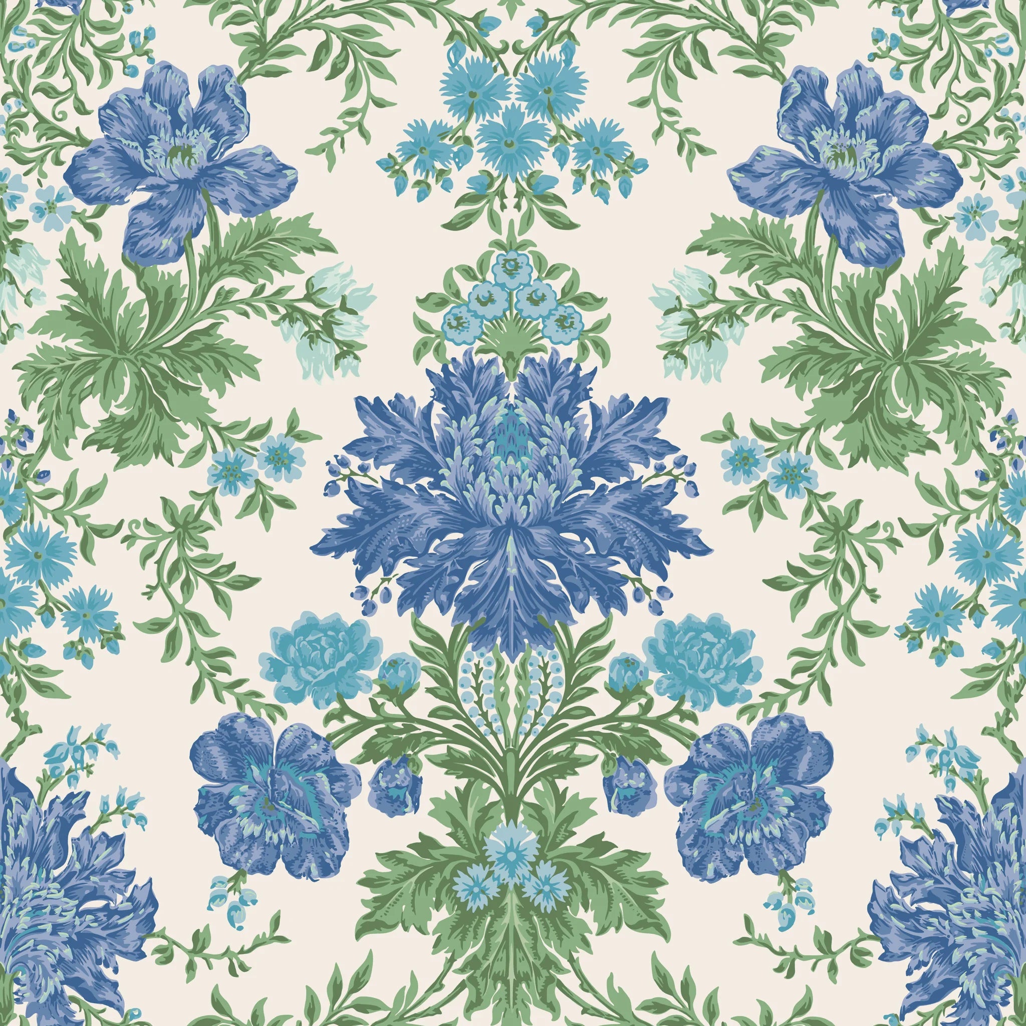 Cole and Son behang Poppies Sapphire, Cerulean and Moss on Stone 128/7035