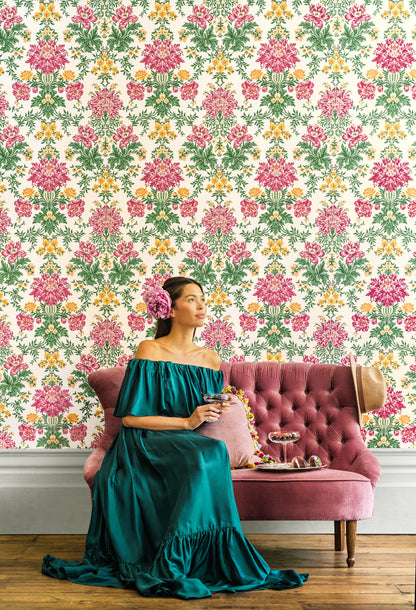 Cole and Son behang Poppies Soft Fuchsia, Buttercup and Fern on Cream 128/7033