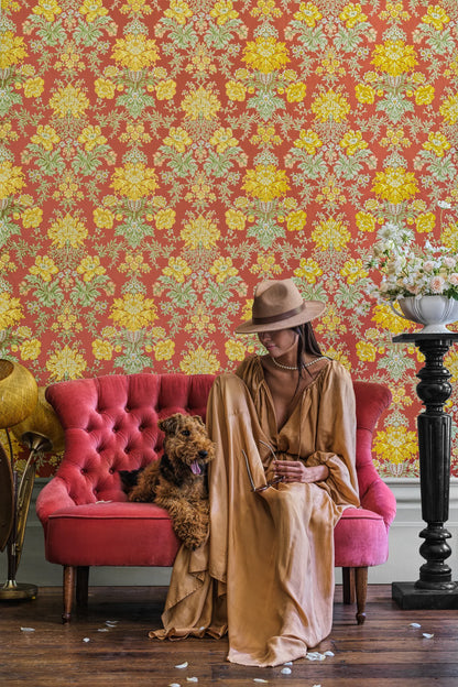 Cole and Son behang Poppies Soft Yellow, Cream and Spring Green on Terracotta 128/7037