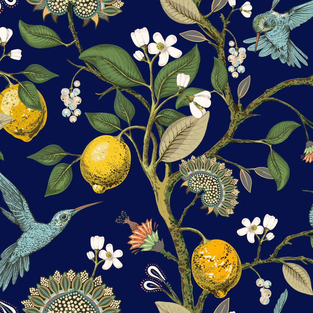 Ivy House behang Lemon Hummingbird Navy IHW0054