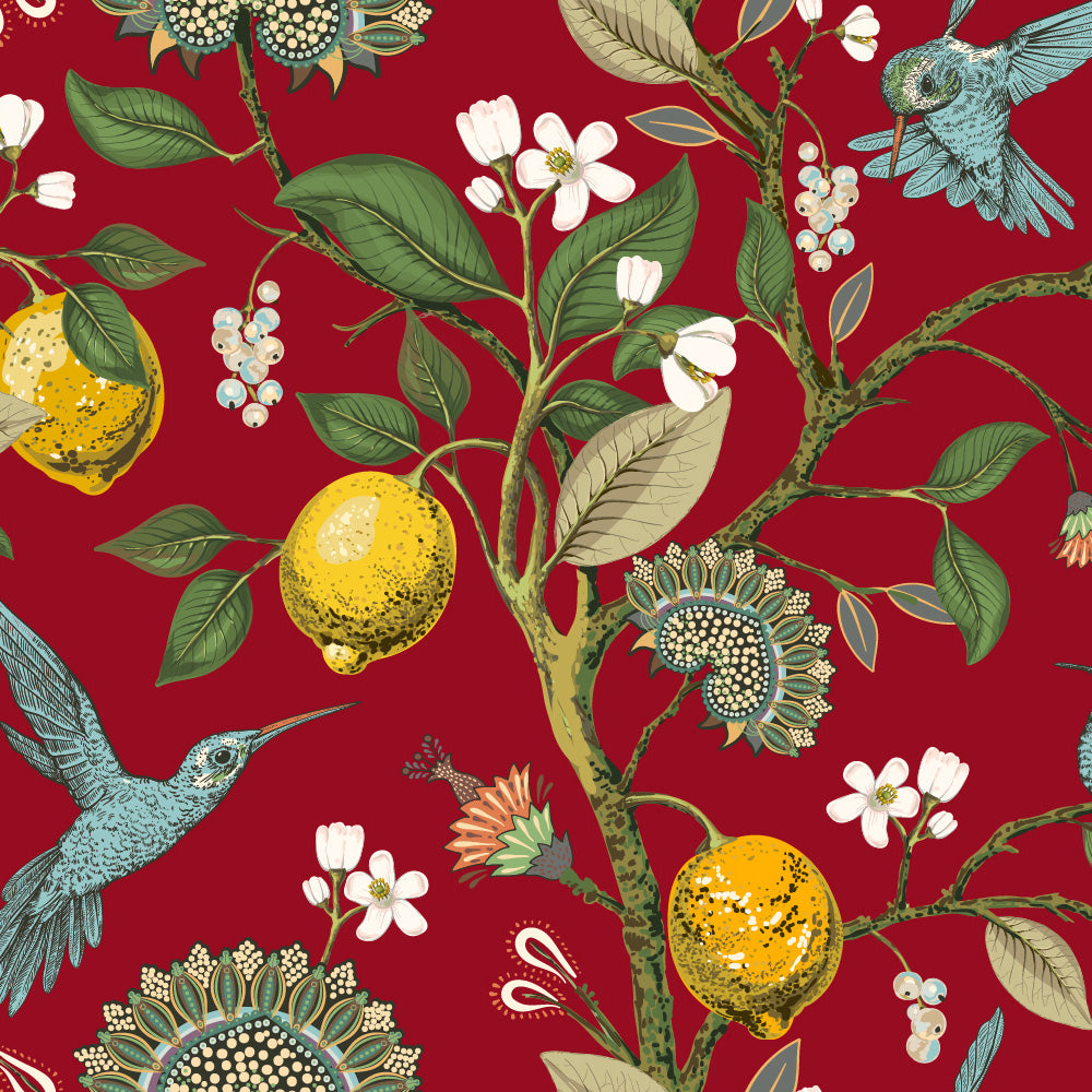Ivy House behang Lemon Hummingbird Red IHW0055