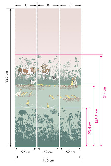 Little Greene behang Riverside Capers mural Quack met afmetingen